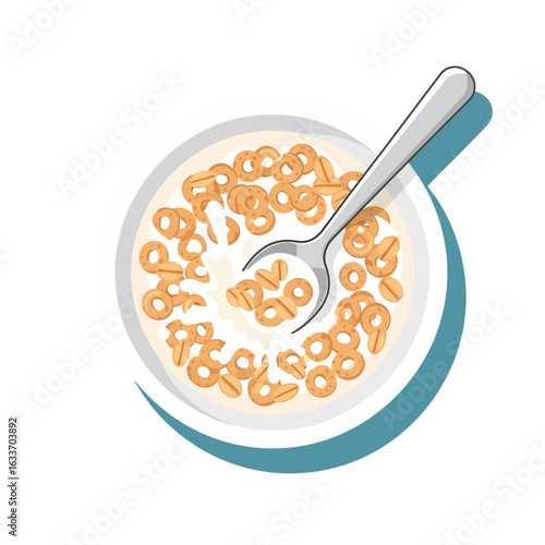 Overhead illustration of a bowl filled with cereal and milk, with a spoon - SVG with Transparent Background