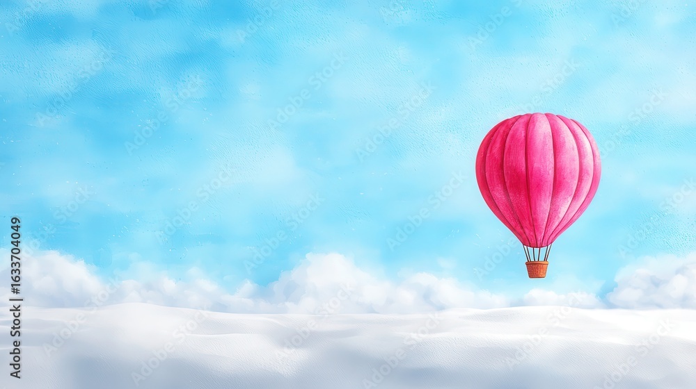 Obraz premium A vibrant pink hot air balloon floats above fluffy clouds under a bright blue sky, creating a serene and uplifting scene.