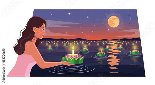 Loy krathong festival thailand woman releasing lantern on water