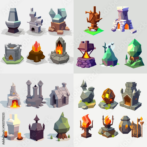 Variety of low-poly, fantasy-themed structures, including towers, huts, and fireplaces.  The designs exhibit a simplified, geometric aesthetic.