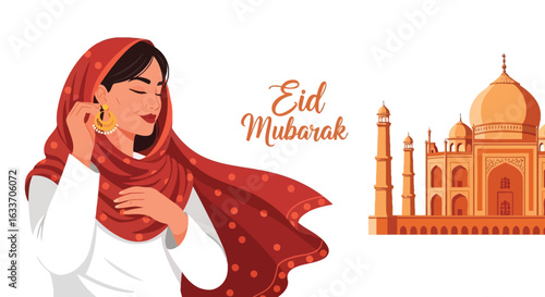 Eid mubarak wishes greeting card with muslim woman and taj mahal