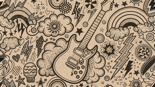 Hand drawn doodle pattern with electric guitar clouds rainbows stars and lightning bolts on a beige background