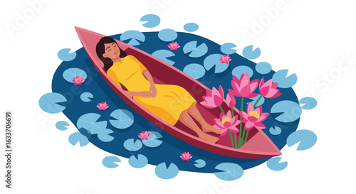 Woman relaxing in boat with lotus flowers vector illustration