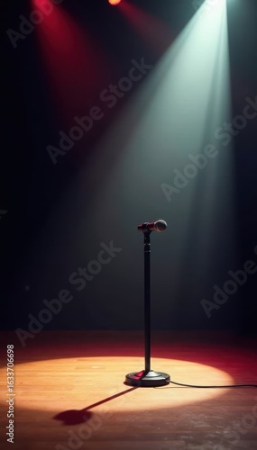 Single microphone on empty stage, spotlight shining , concert, dark, microphone