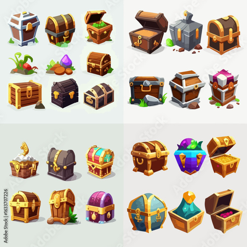 Variety of cartoon-style treasure chests in different colors, shapes, and conditions, displayed in a grid pattern.  Several chests are open showing their contents.