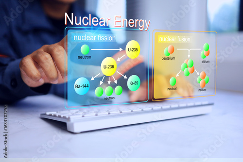 Photos Nuclear energy concept with staff using reactions to produce electricity and obt
