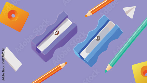 An illustration of pencil sharpeners pencils erasers and a paper airplane on a purple background