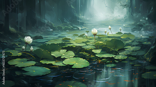Gloomy Weather Lotus Leaves in the Water 