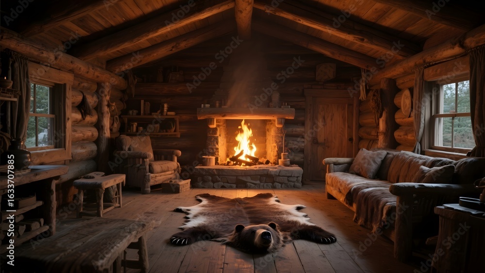 Fototapeta premium Cozy Log Cabin Interior with Fireplace and Rustic Furniture