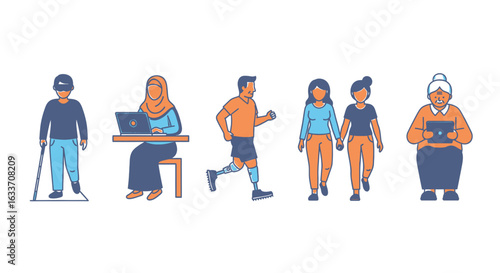 Vector illustration of diverse and inclusive characters. People with disabilities, different cultures, and ages represented.