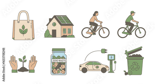 Eco-friendly icon collection illustrating a sustainable lifestyle concept with green energy, recycling, and conscious living symbols.