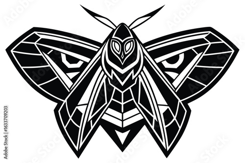 Stylized black and white moth depicts bold geometric wing patterns and sharp antenna