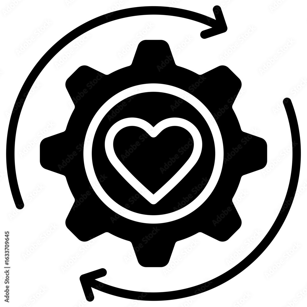Fototapeta premium Values Cycle Glyph Black Silhouette Icon Design Vector - Cogwheel with heart and circular arrows showing continuous improvement and integration of core values in organizational processes
