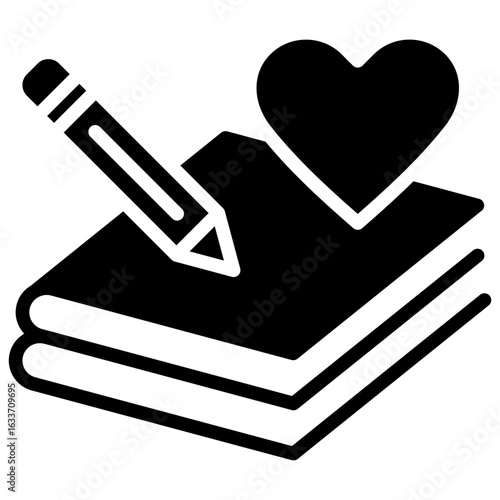 Donation Pledge Glyph Black Silhouette Icon Design Vector - Heart over paper stack and pencil, symbolizing donation commitment or written charity pledge