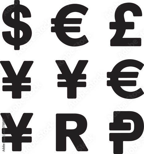 Currency symbols dollar euro pound yen rupee vector