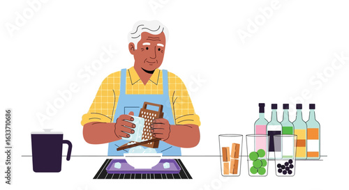 Man grating cheese in kitchen preparing food recipe cooking