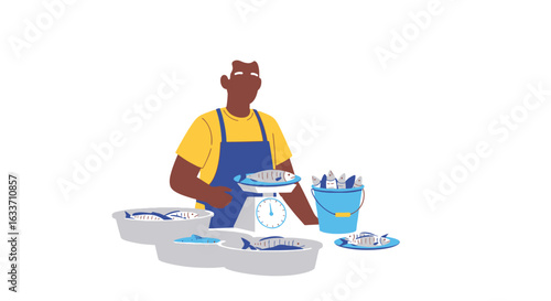 Illustration of fishmonger weighing fresh fish at market stall