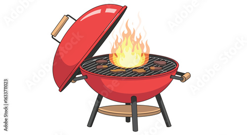 Red bbq grill with fire and meat best for summer grilling party