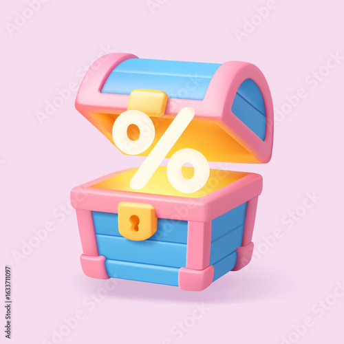 Open treasure chest with a percent sign, symbolizing deals, discounts, or sales offers. Colorful 3D vector illustration

