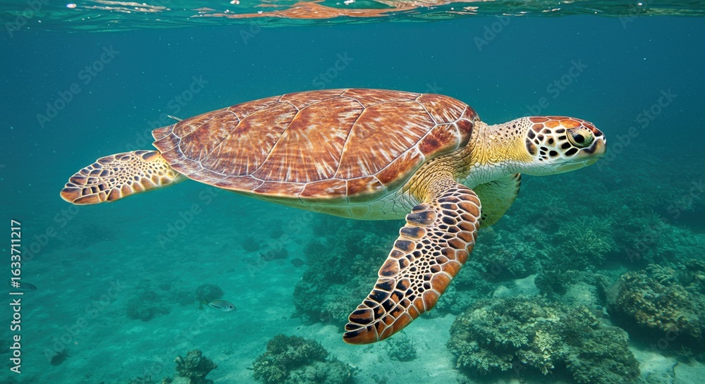 Fototapeta premium Majestic Sea Turtle Gracefully Gliding Through Vibrant Coral Reef