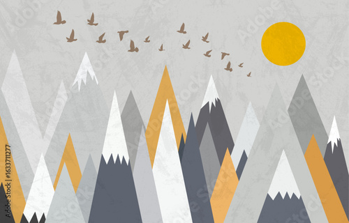 Mountain Landscape Illustration Design With Mountains With Moon And Flying Birds , Interior Decoration Design For Kids Room.
