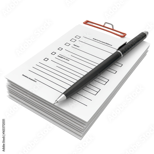 Stack of questionnaires with check boxes and a pen, representing feedback, surveys on transparent background