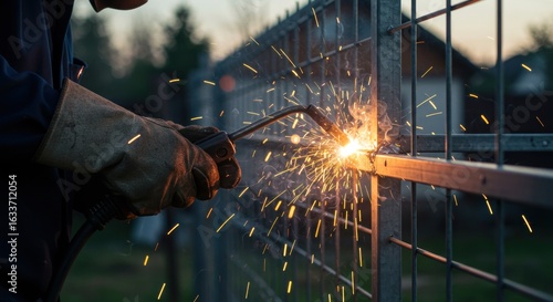 A worker welds metal on a wire fence at dusk, sparks flying.