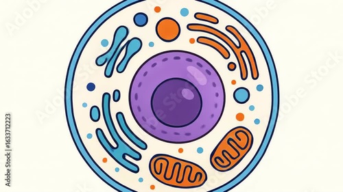 Cartoon cell with nucleus, organelles, and cell membrane illustration for biology or science education