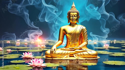 Golden Buddha statue surrounded by lotus flowers on tranquil water with mist and soft light