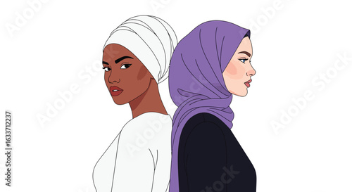 Illustration of two muslim women wearing hijab head coverings
