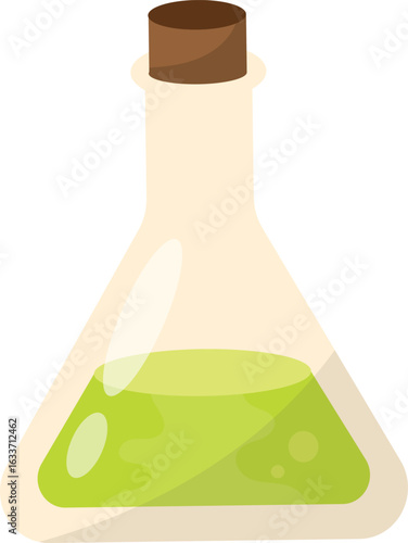 A glowing green potion in a transparent glass flask with a cork stopper, a magical elixir illustration for fantasy themes.

