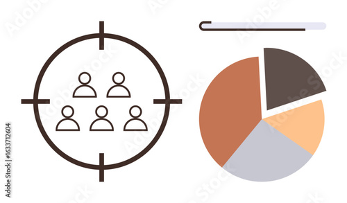 Bullseye target with people icons and pie chart showing data distribution. Ideal for market research, analytics, audience segmentation, business strategy, decision-making, planning, simple flat