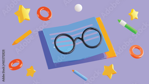 Illustration of glasses on a blue notebook surrounded by stars and writing utensils in a purple space