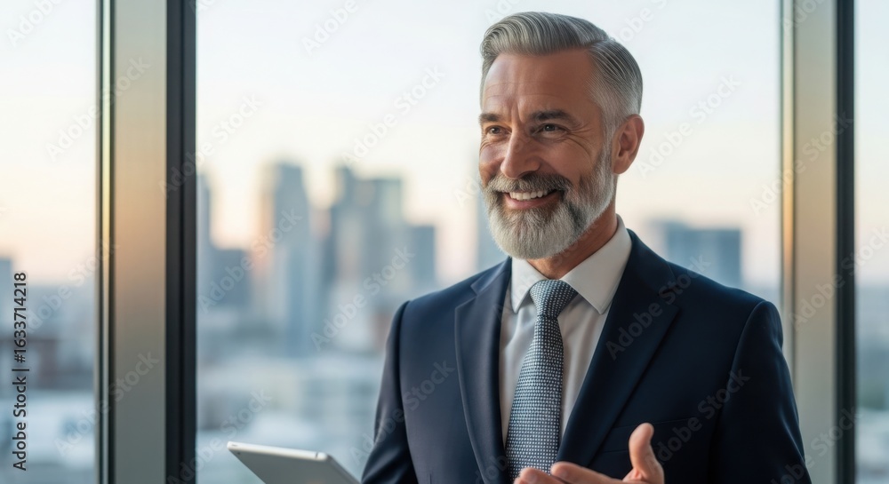 Fototapeta premium Smiling businessman with gray hair and beard looking out a window holding a tablet in an office