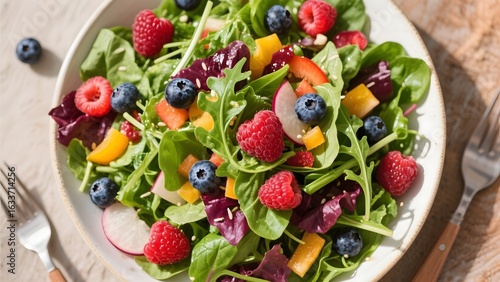 Fresh mixed berry salad with greens, carrots, and nuts in a white bowl