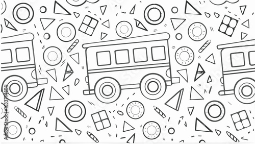Outlined train cars with geometric shapes scattered around in a seamless monochrome pattern design
