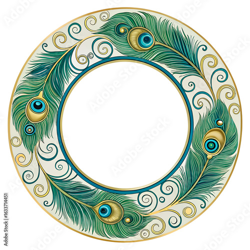 A decorative circular frame featuring intricate peacock feather designs in green and gold with blue accents. The background is black, enhancing the vibrant colors.