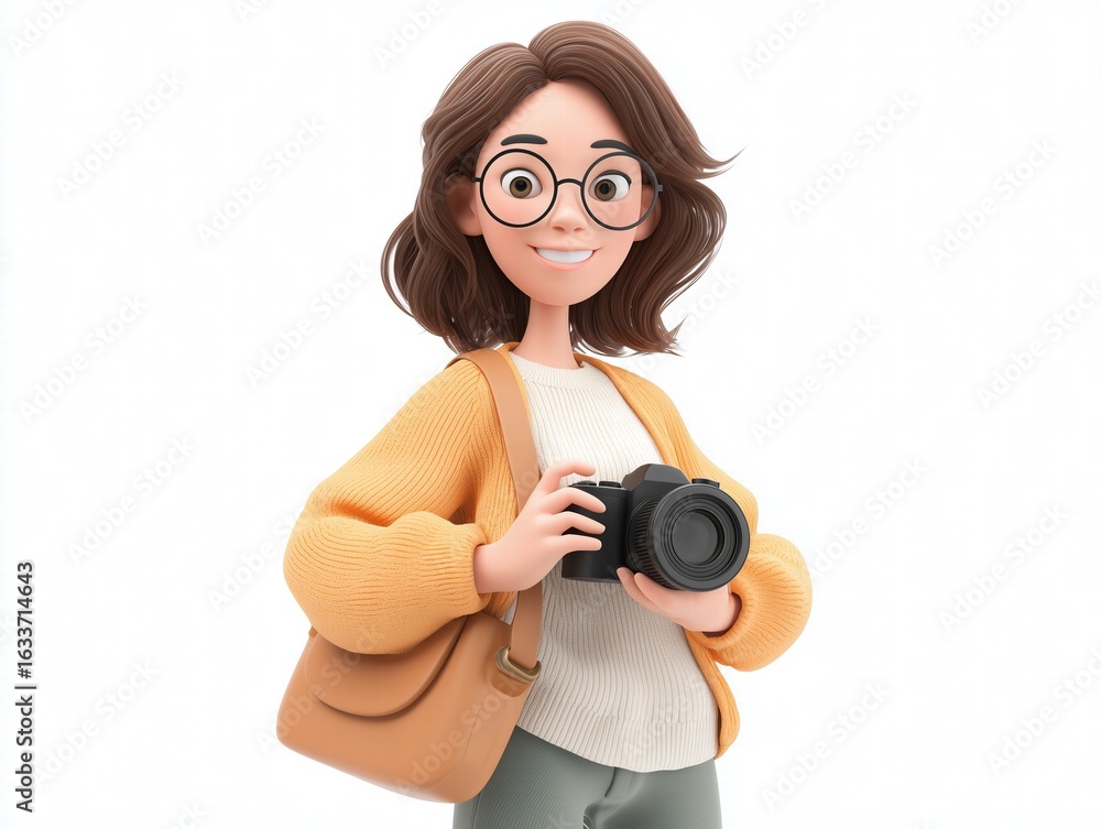 Obraz premium 3D Cartoon Woman Holding DSLR Camera and Lens Bag, Ready-to-Shoot Pose Isolated on White Background, Stylized Render