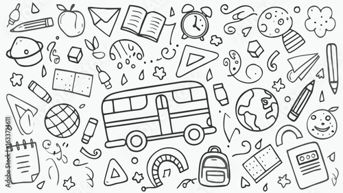 A doodle page of school themed icons including a bus book and various school supplies scattered around
