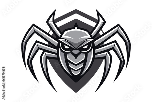 Metallic spider with sharp fangs and piercing eyes stands over a geometric shield