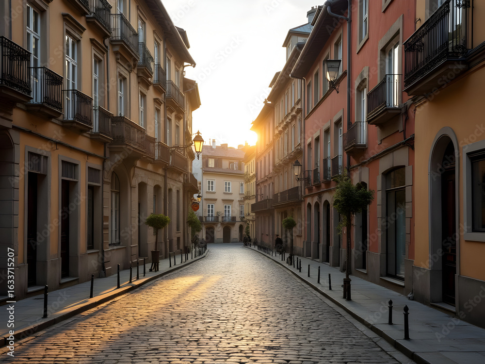Naklejka premium Empty cobblestone street at sunrise European architecture buildings warm orange and beige tones sunlight shadows tranquil morning scene quiet urban landscape