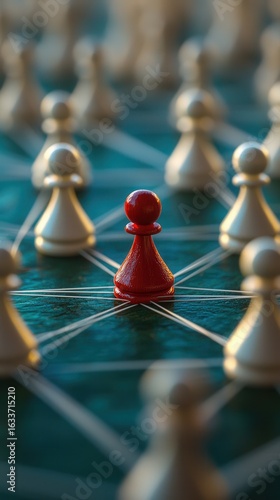 Red Pawn Standing Out in a Network Chess Concept chess pawn red network concept white leadership pet
