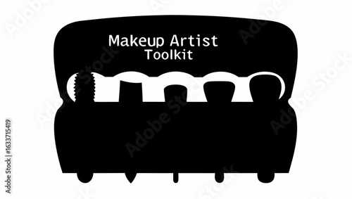 Illustration of a makeup artist toolkit with various brushes and tools in a black silhouette design style