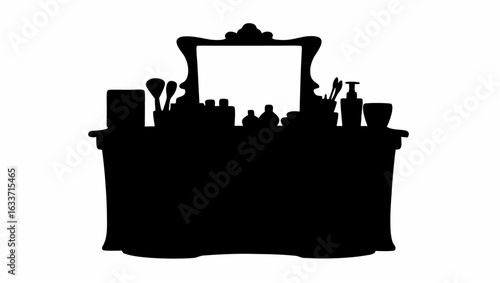 Silhouette of vanity table with mirror and various cosmetic items in a dark monochrome illustration