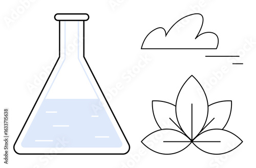 Laboratory flask with liquid, stylized leaf, and cloud demonstrate environmental sustainability, science, chemistry, research, ecology, natural sciences and innovation. Ideal for eco-projects green