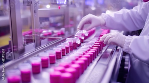 Pharmaceutical production line with hands packaging medicine
