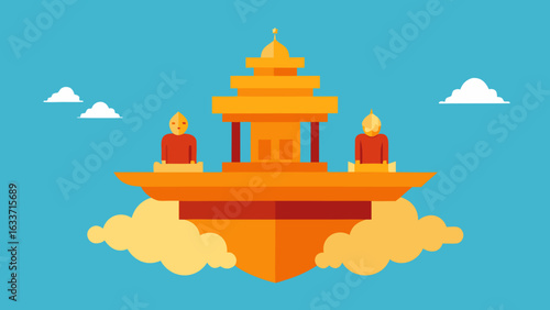 floating temple stage above clouds monks