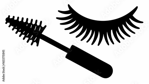 Illustration of a mascara brush applicator and a set of eyelashes in a black silhouette style art