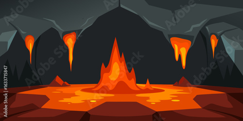 Lava cave stage with molten rivers and glowing rocks