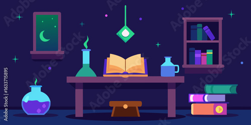 Magic school classroom stage with levitating books